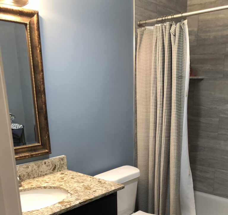 A bathroom painted blue